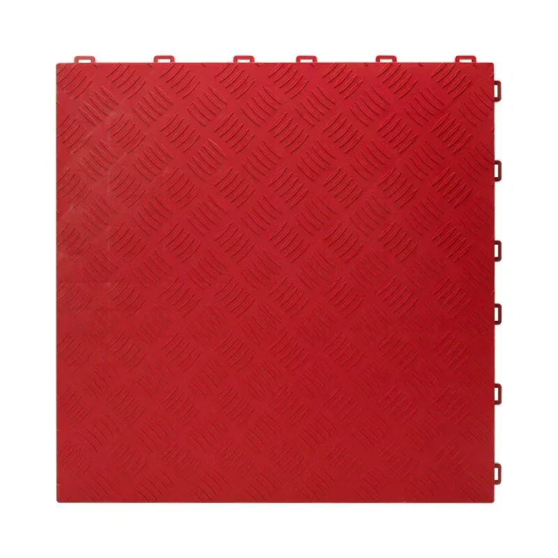 Red interlocking diamond plate floor grate for car washes, garages, or playgrounds