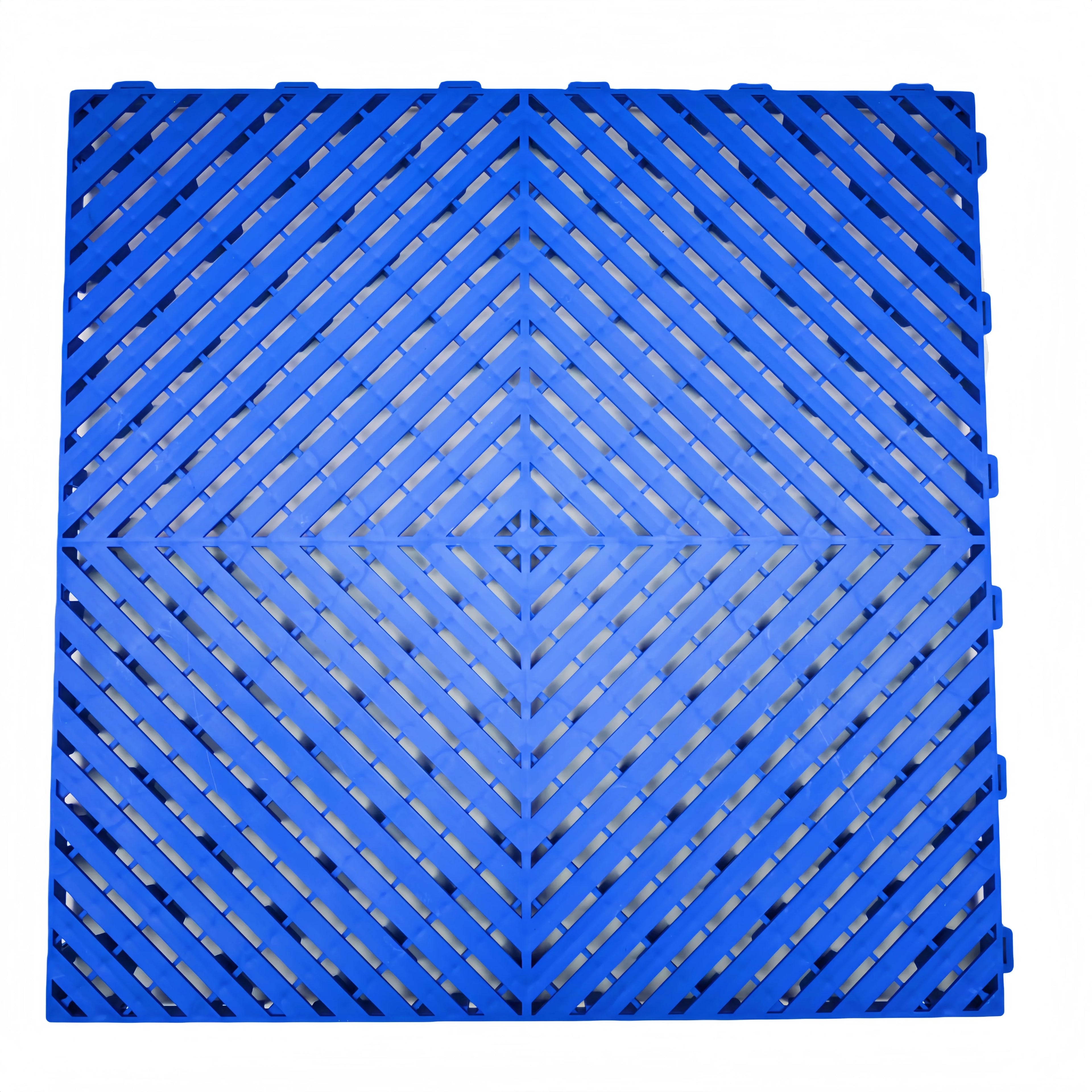 Blue plastic floor grate for car washes, garages, and playgrounds with interlocking design