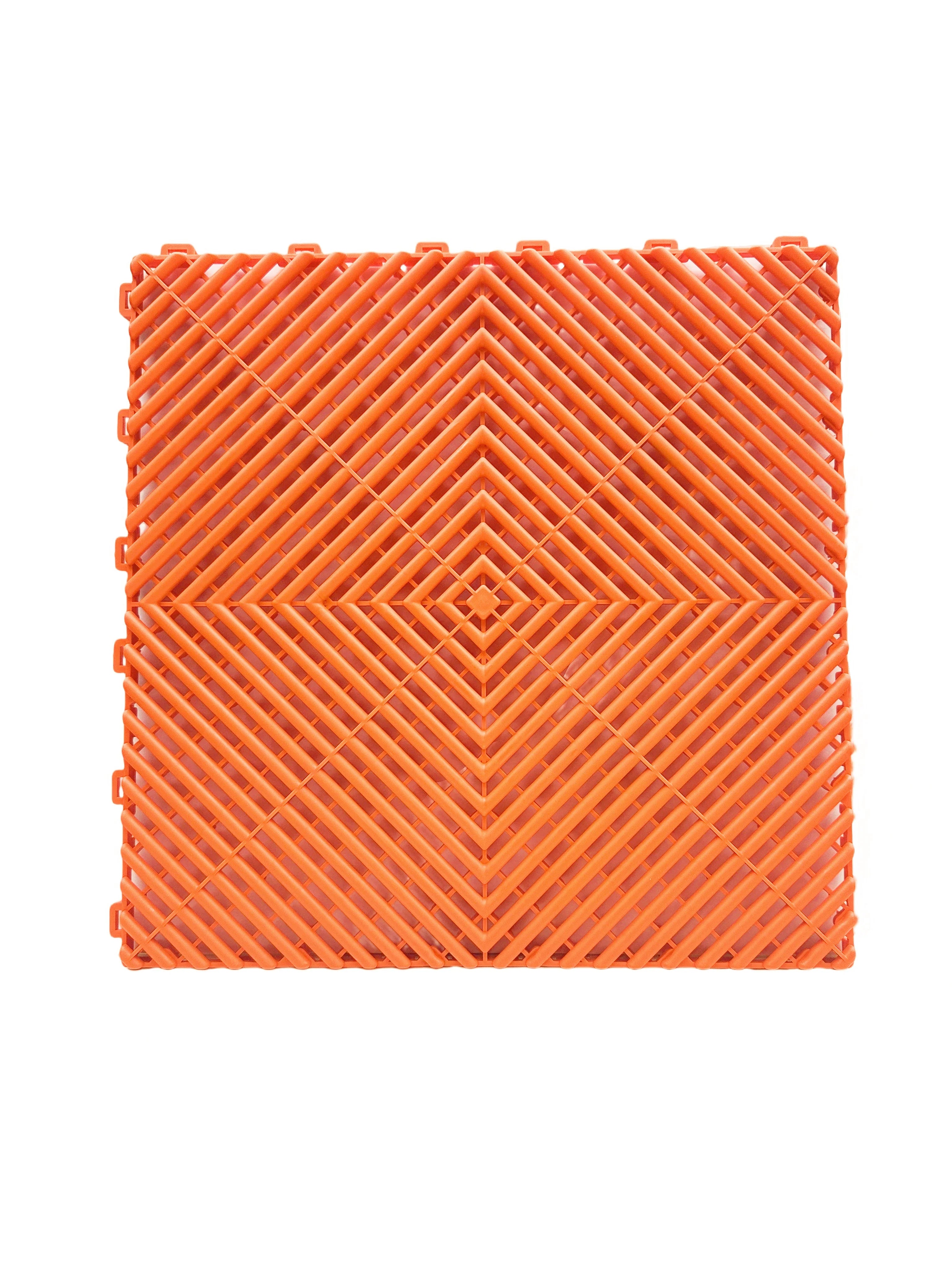 Orange interlocking plastic floor grate for car washes, garages, pools, and playgrounds