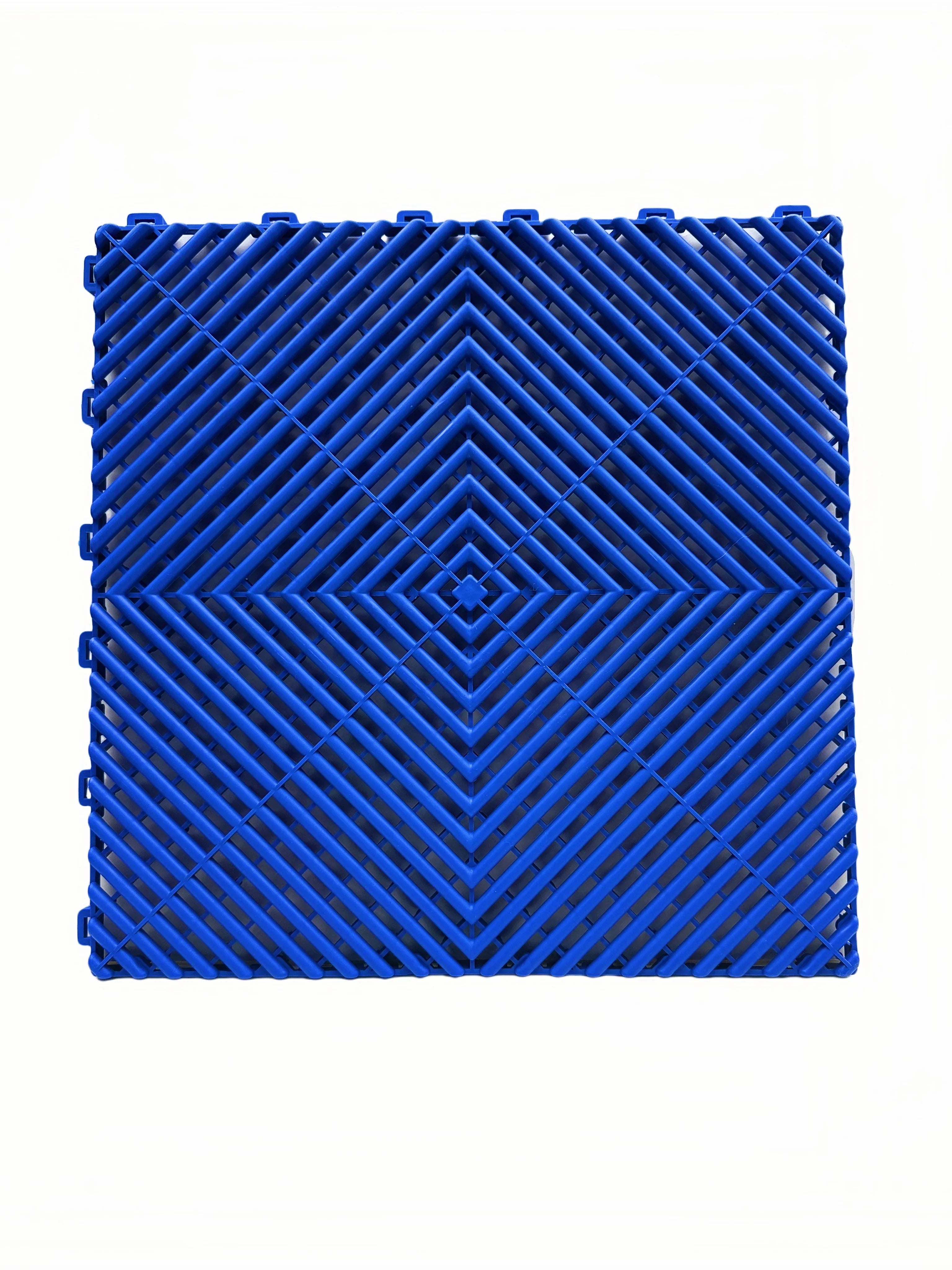 Blue interlocking plastic floor grate for car washes, garages, pools, and playgrounds