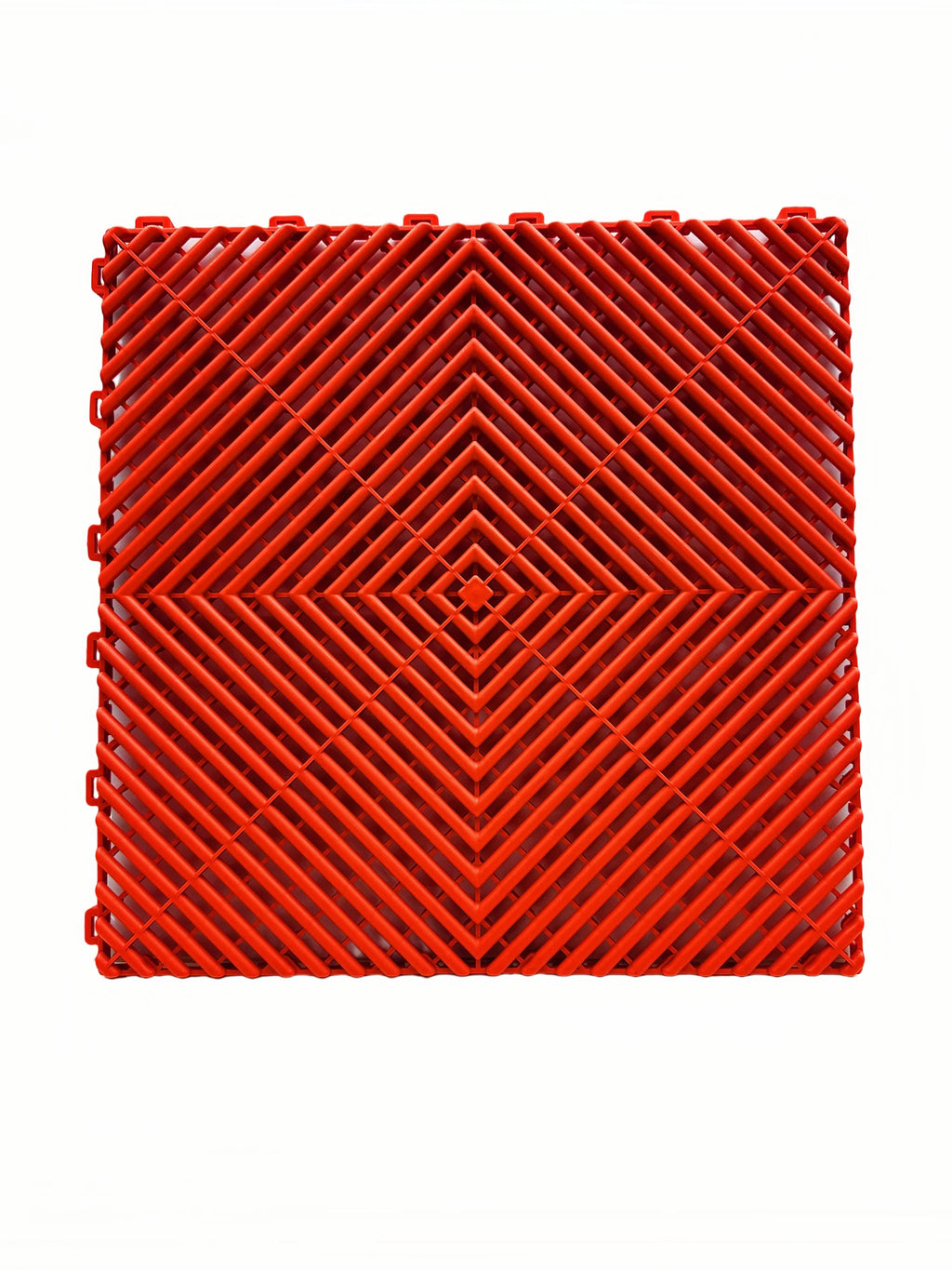 Red interlocking plastic floor grate for car washes, garages, or playgrounds with diamond pattern