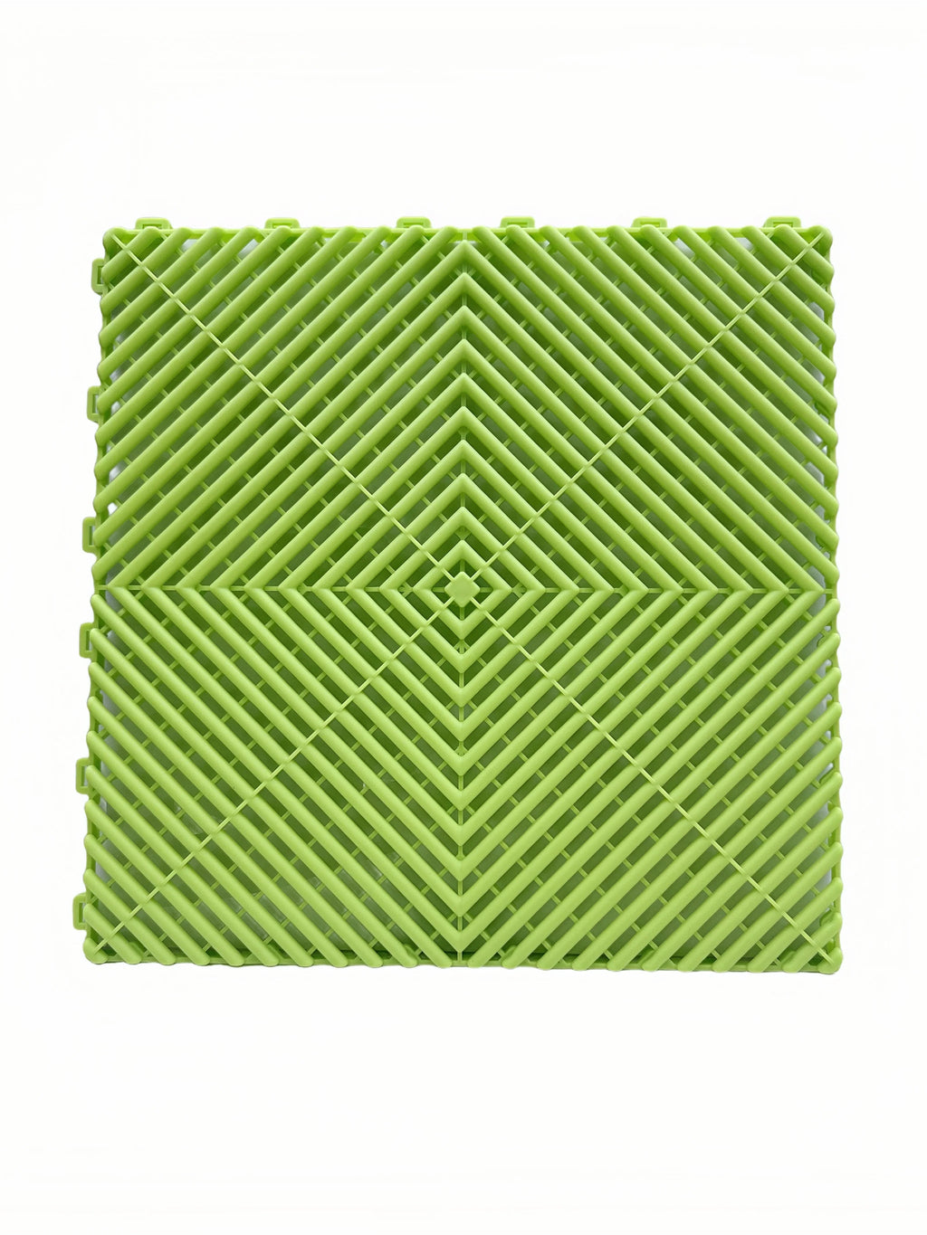 Green interlocking floor grate tile for car washes, garages, or playgrounds with diamond pattern