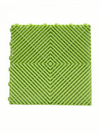 Green interlocking floor grate tile for car washes, garages, or playgrounds with diamond pattern