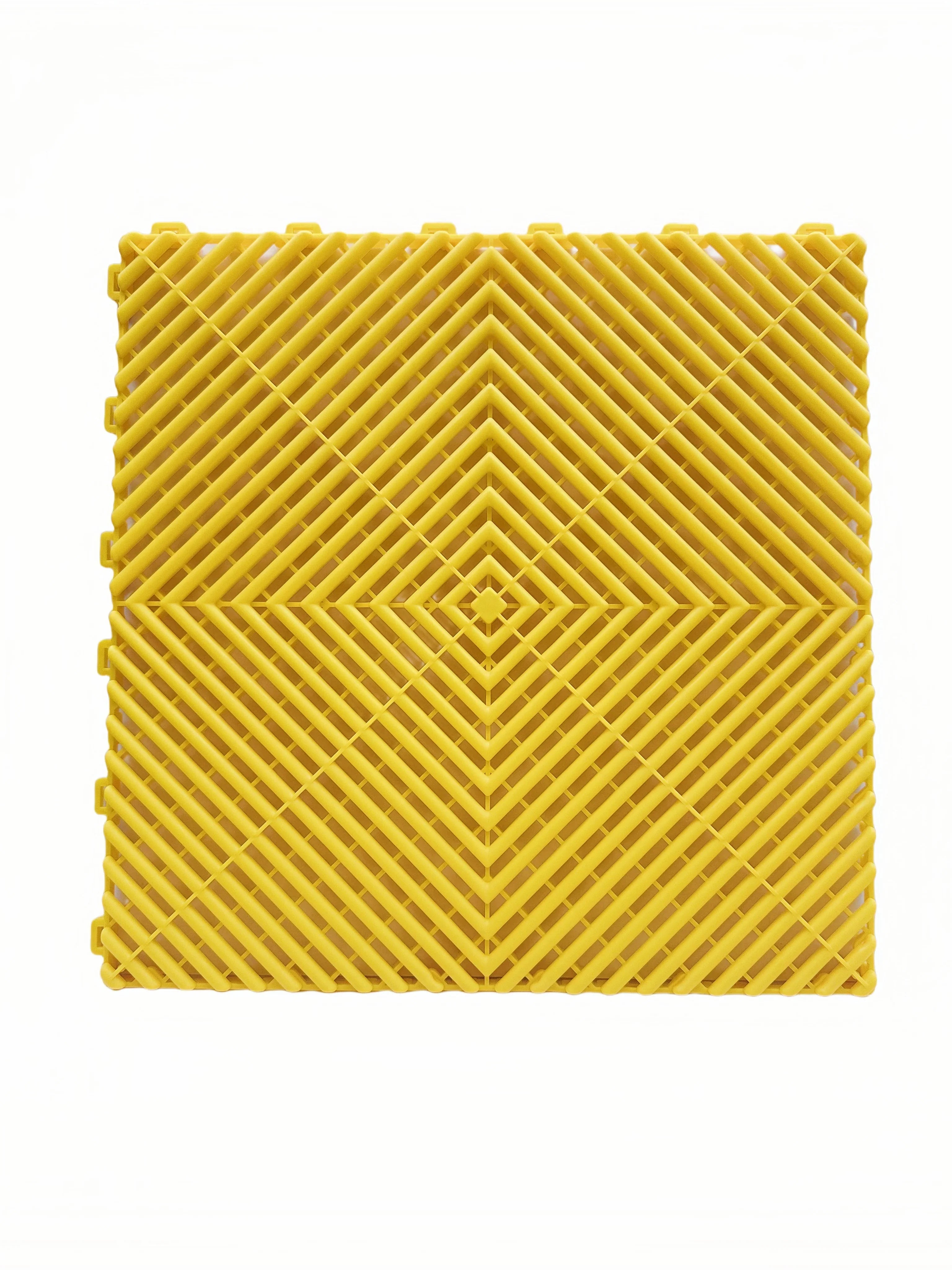 Yellow interlocking floor grate for car washes, garages, pools, and playgrounds