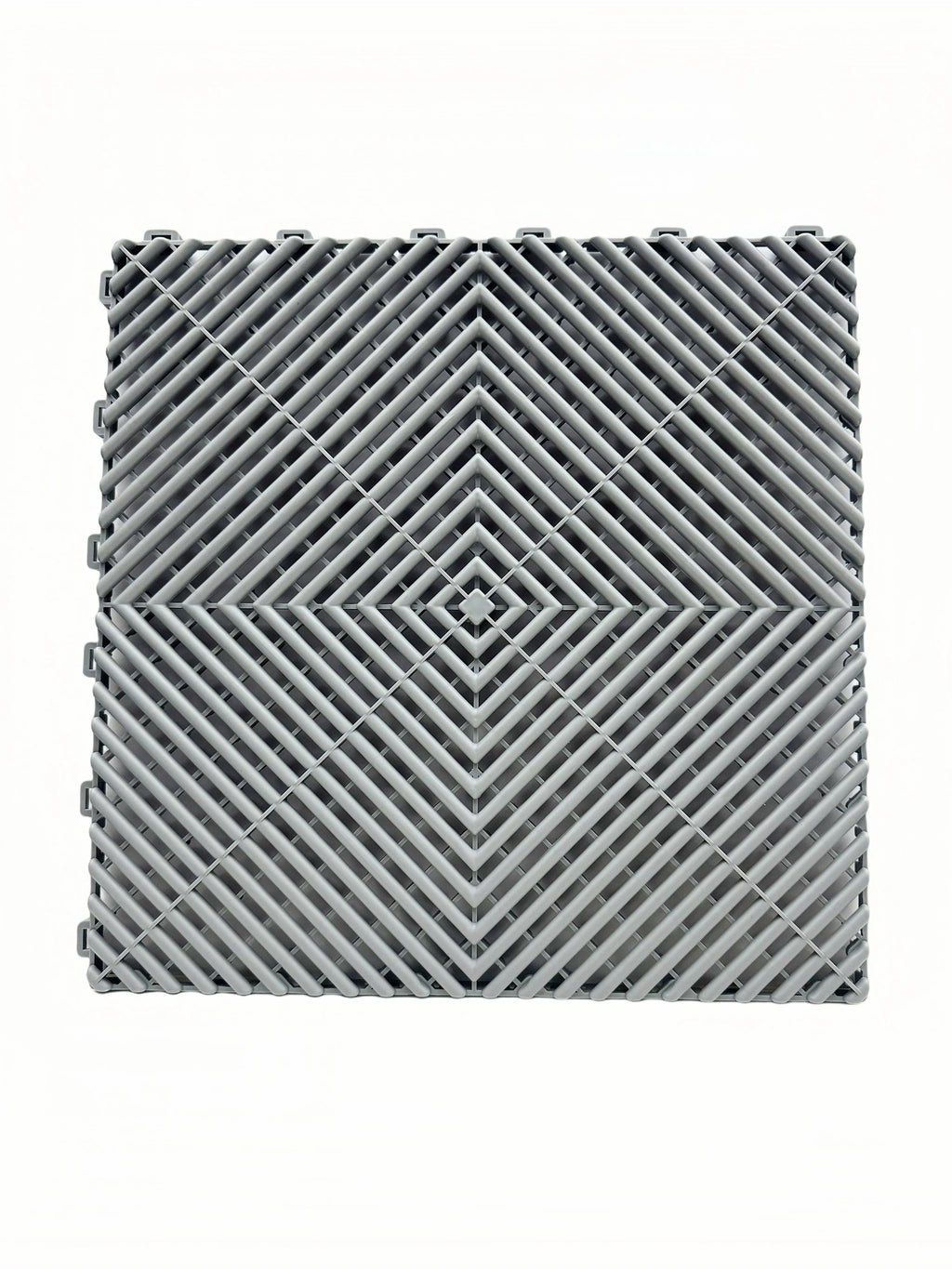 Gray interlocking floor grate with diamond pattern, ideal for car washes, garages, and wet areas.