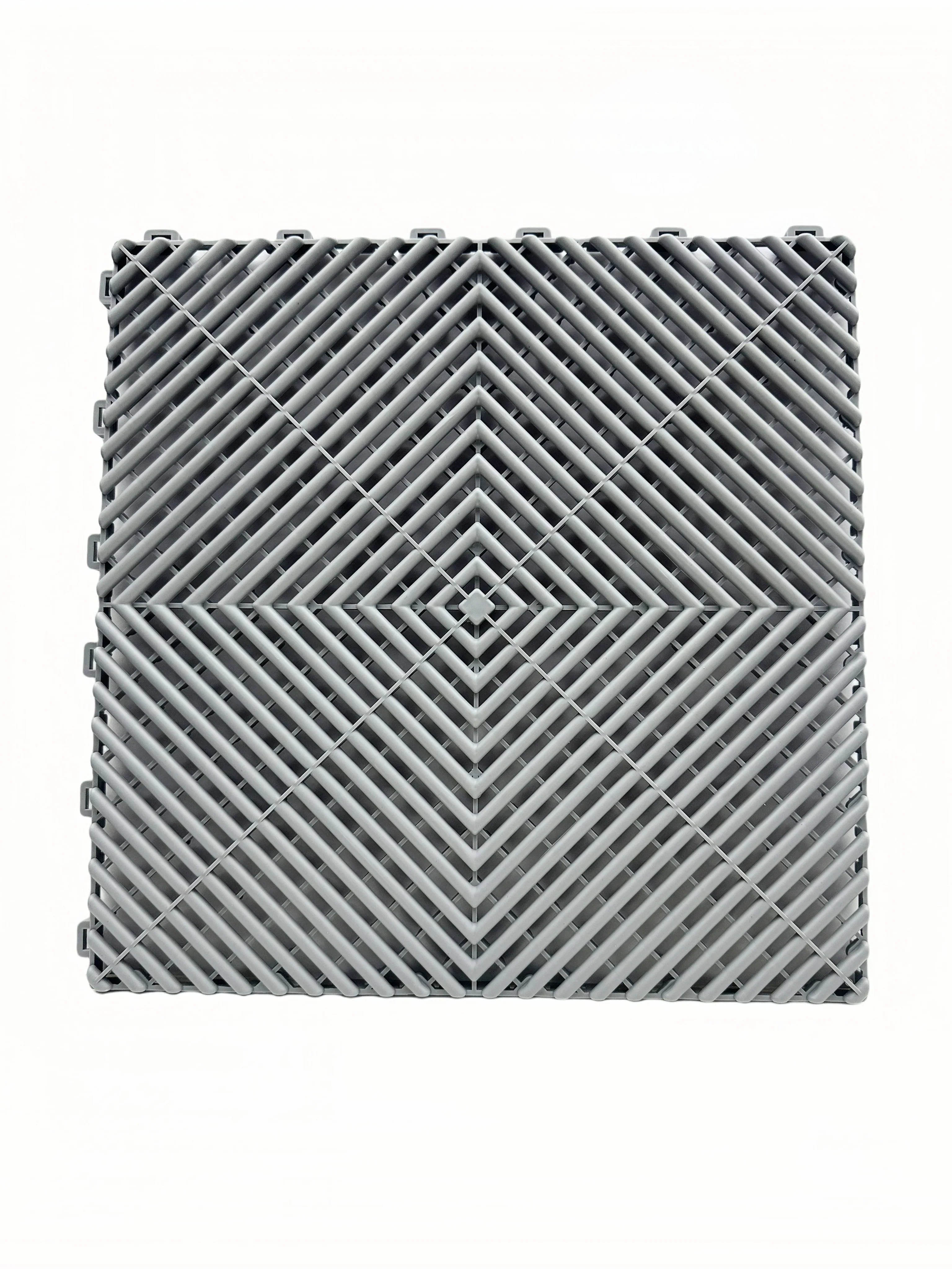 Gray interlocking floor grate with diamond pattern, ideal for car washes, garages, and wet areas.