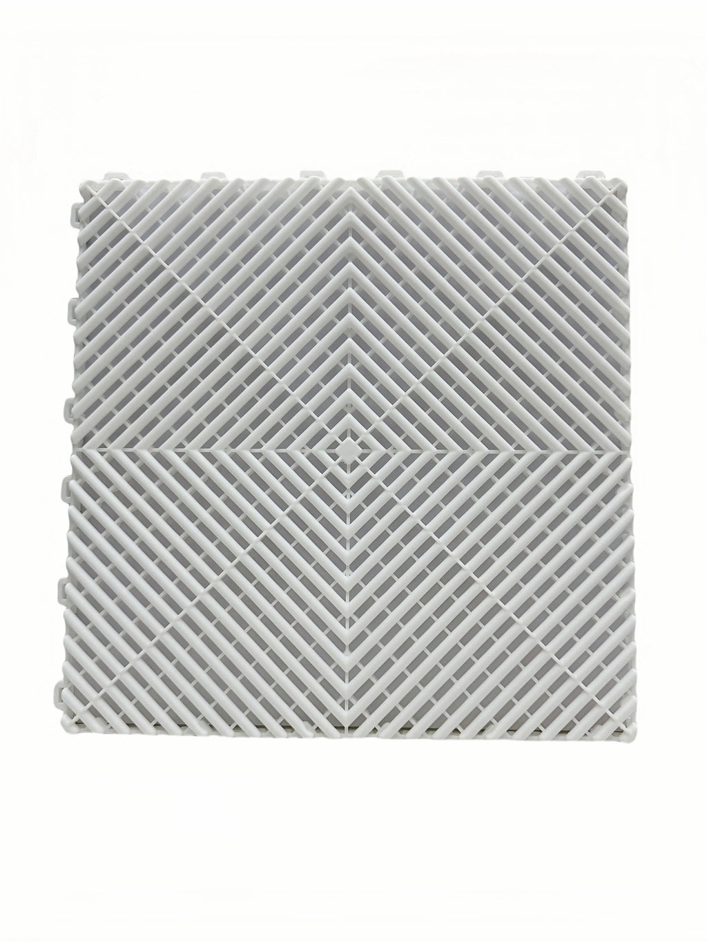 White interlocking floor grate with diamond pattern, ideal for car washes, garages, and wet areas
