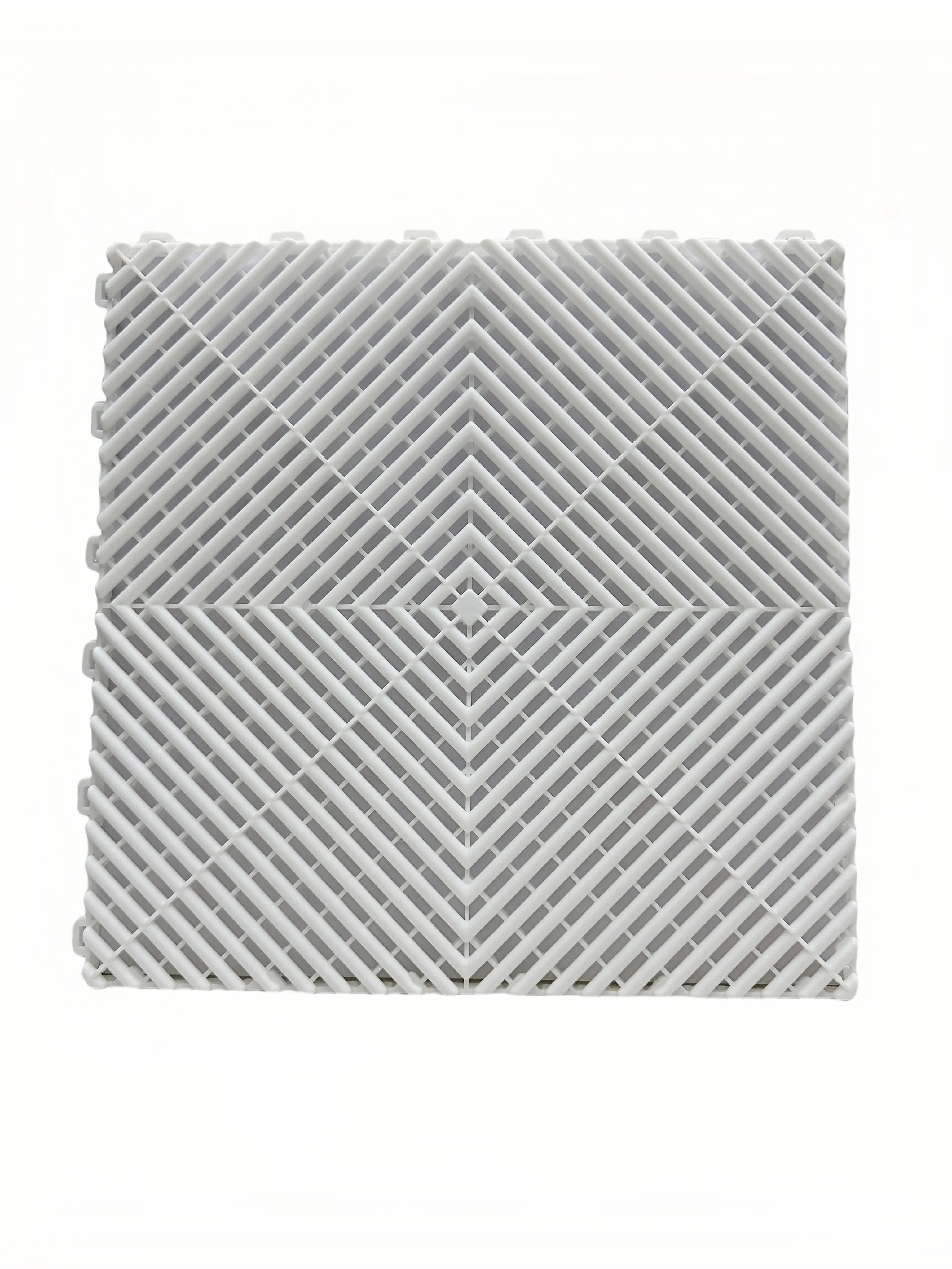 White interlocking floor grate with diamond pattern, ideal for car washes, garages, and wet areas