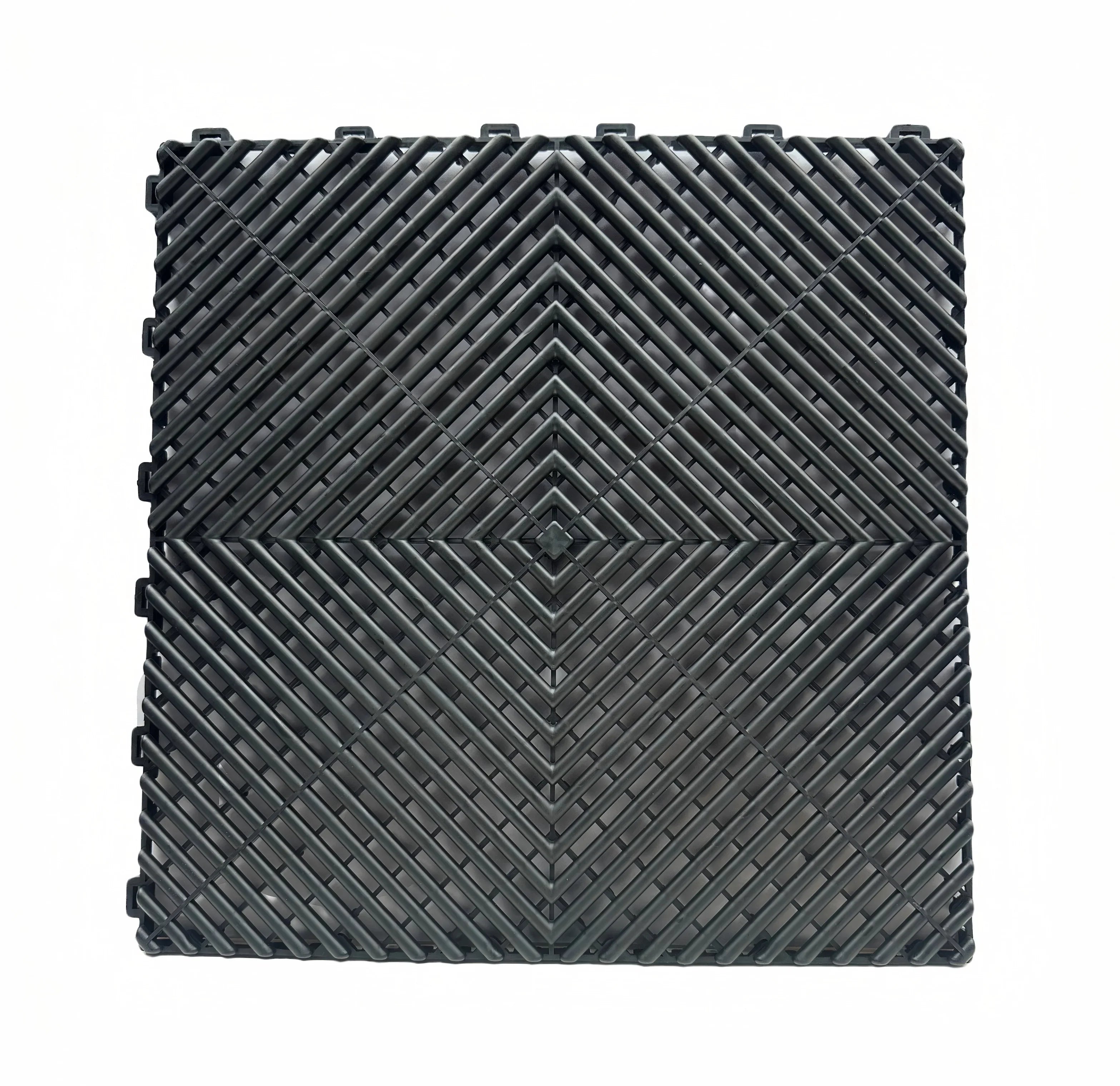 Black interlocking floor grate tile for car washes, garages, pools, and basements