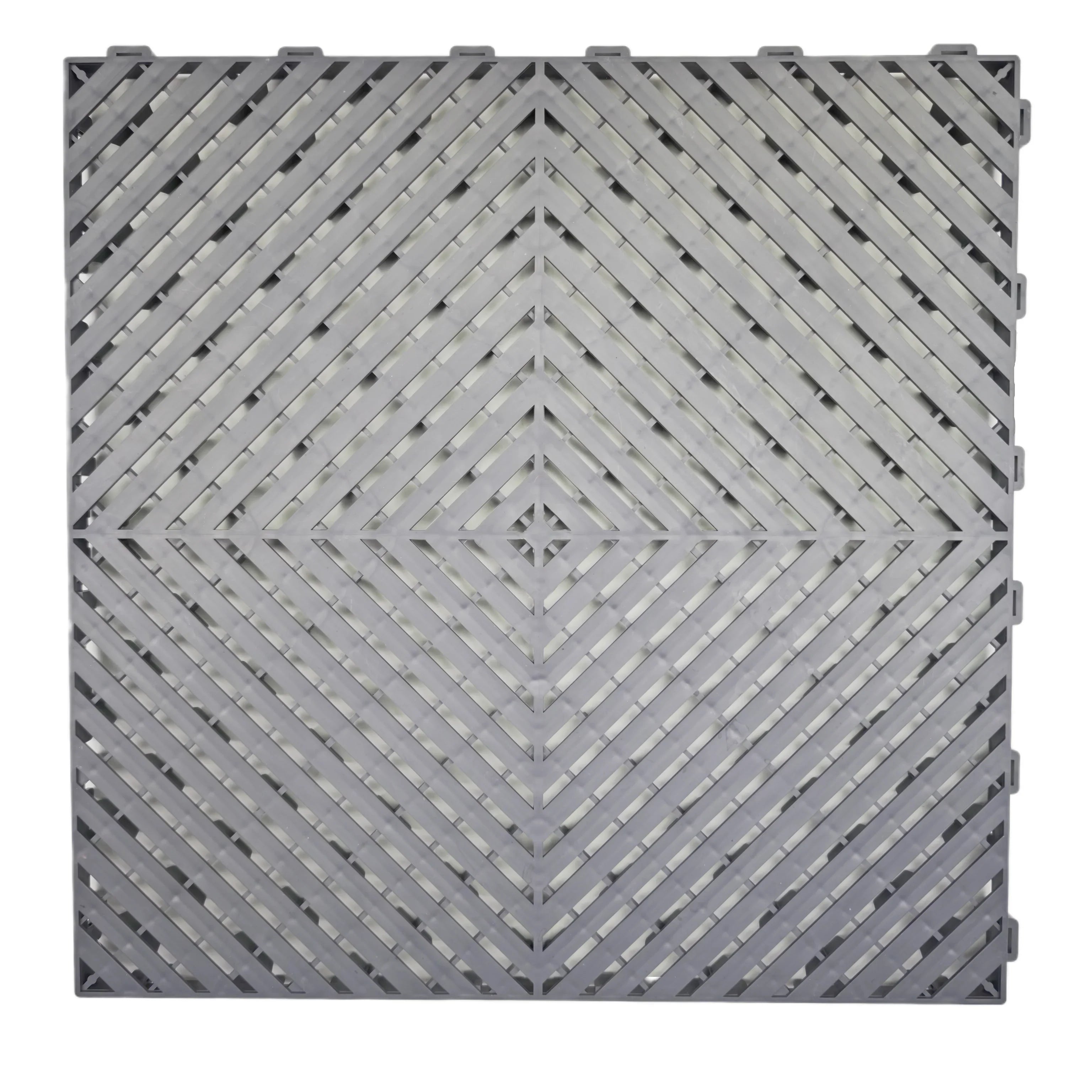 Grey interlocking floor grate with diamond pattern, ideal for car washes, garages, pools, and playgrounds.