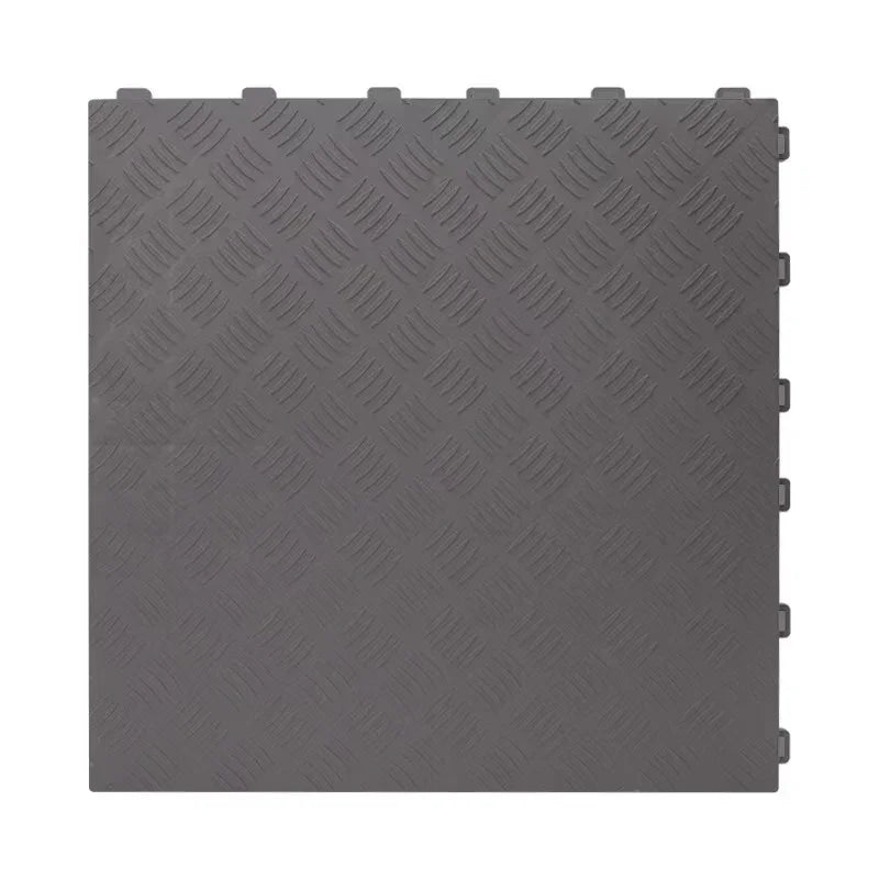 Gray interlocking floor grate with diamond tread pattern for car washes, garages, or pools