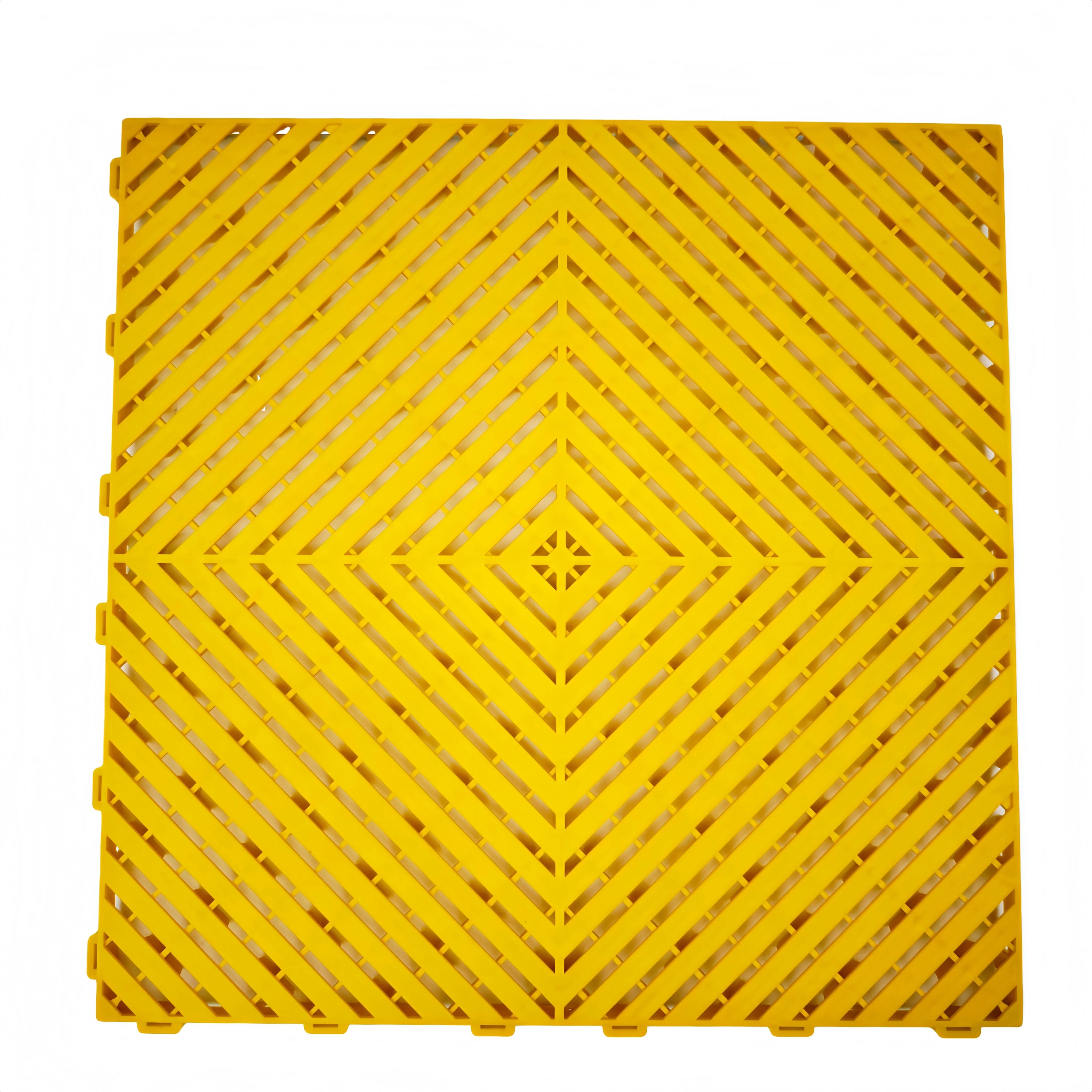 Yellow interlocking floor grate for car washes, garages, or playgrounds with diamond pattern