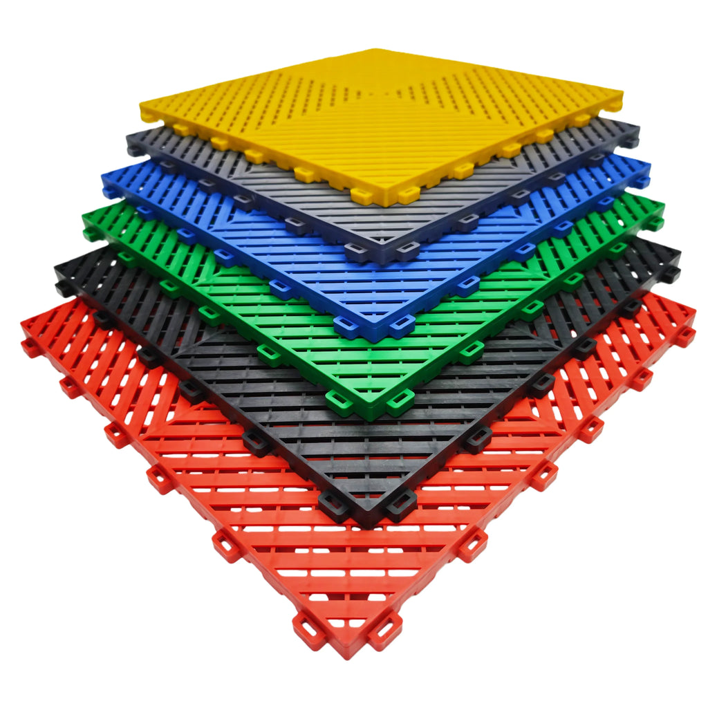 Colorful interlocking plastic floor grates for car washes, garages, pools, and playgrounds