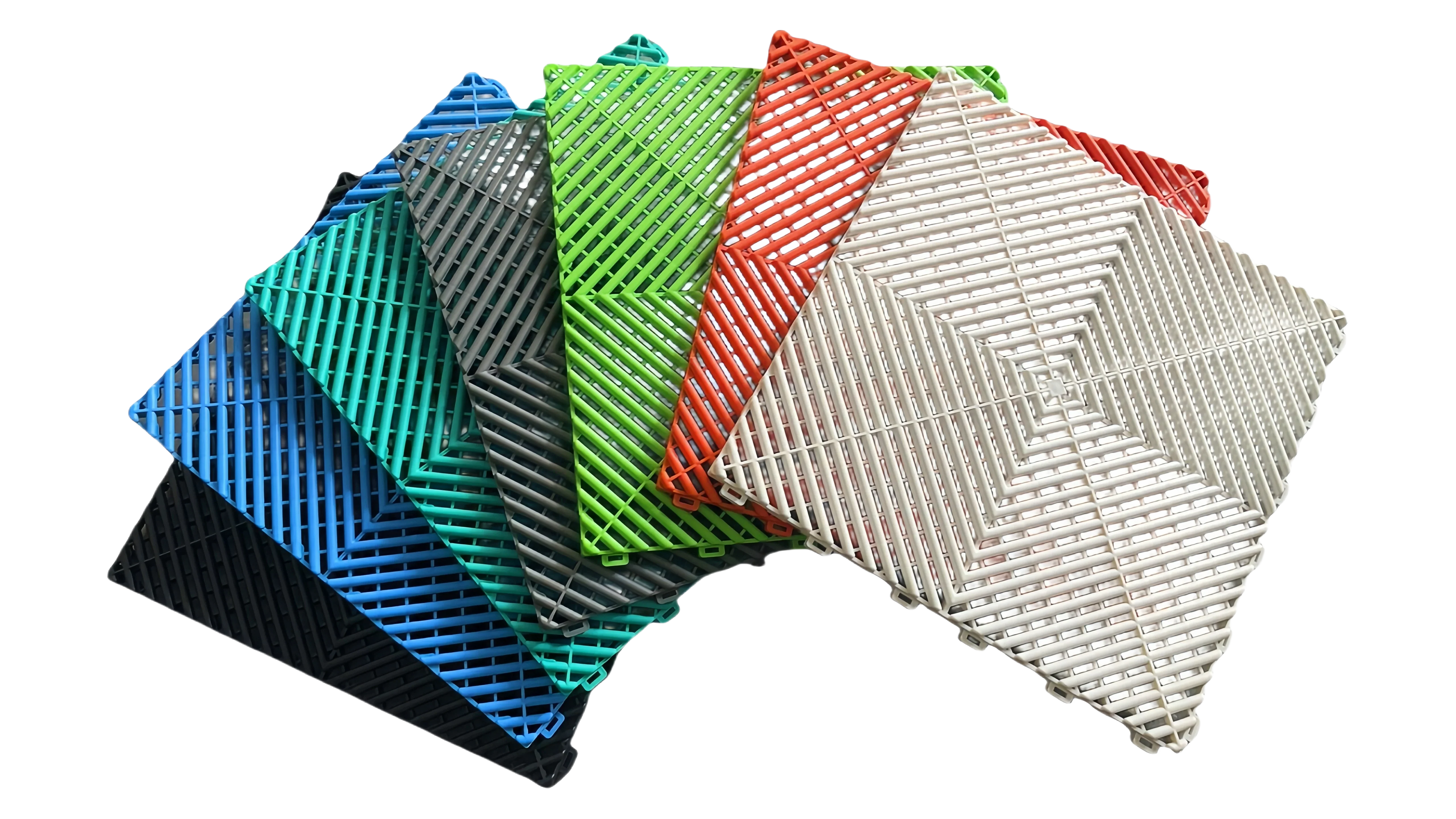 Colorful interlocking plastic floor grates for car washes, garages, pools, and playgrounds