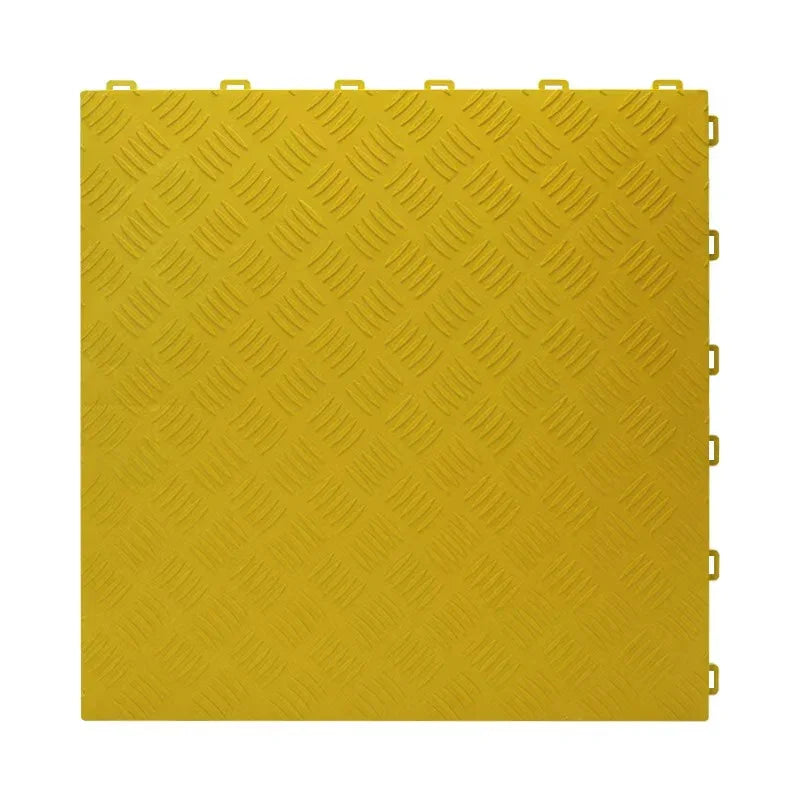 Yellow interlocking floor grate with diamond tread pattern for car washes, garages, or playgrounds