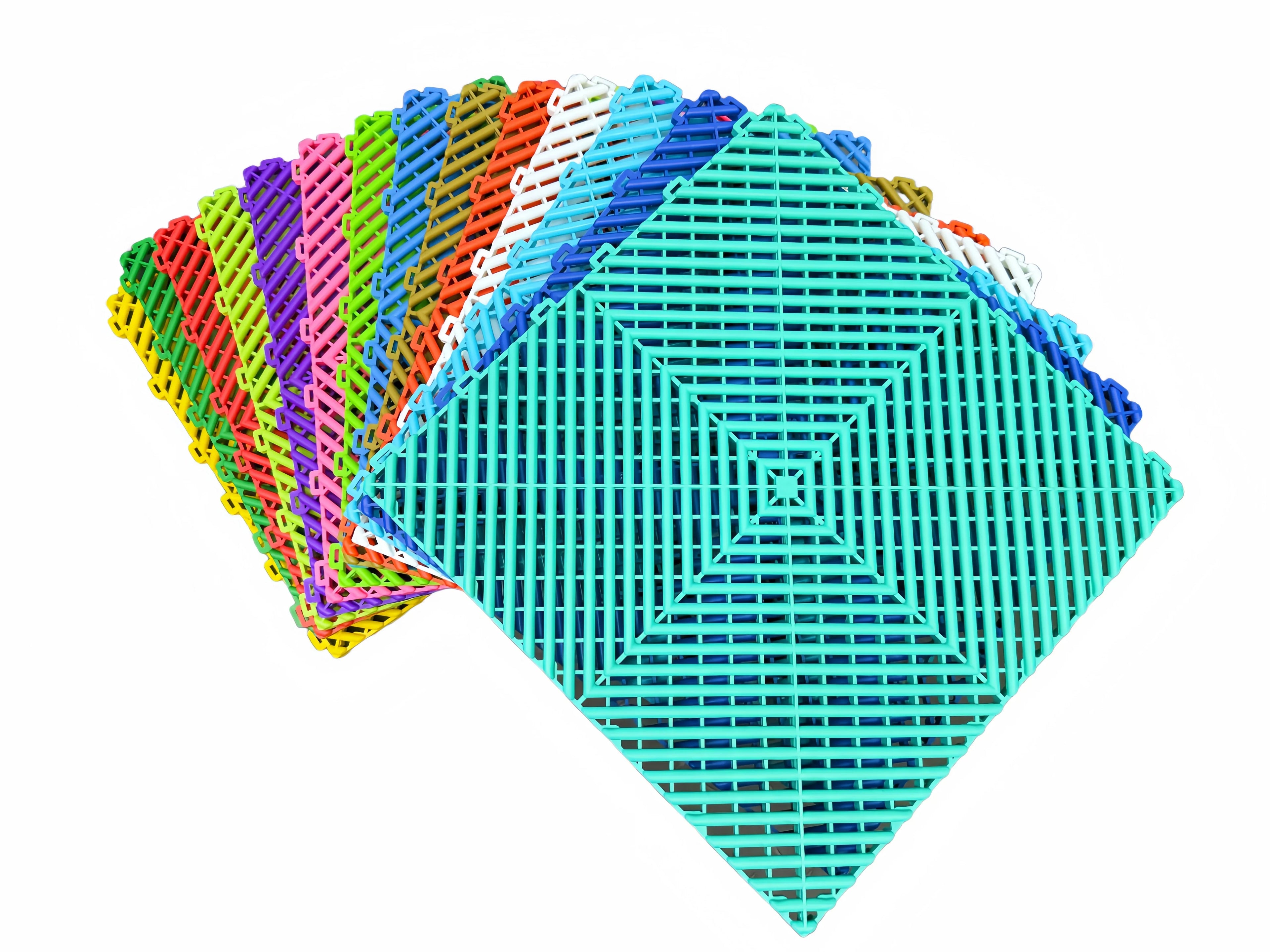 Colorful interlocking plastic floor grates for car washes, garages, pools, and playgrounds
