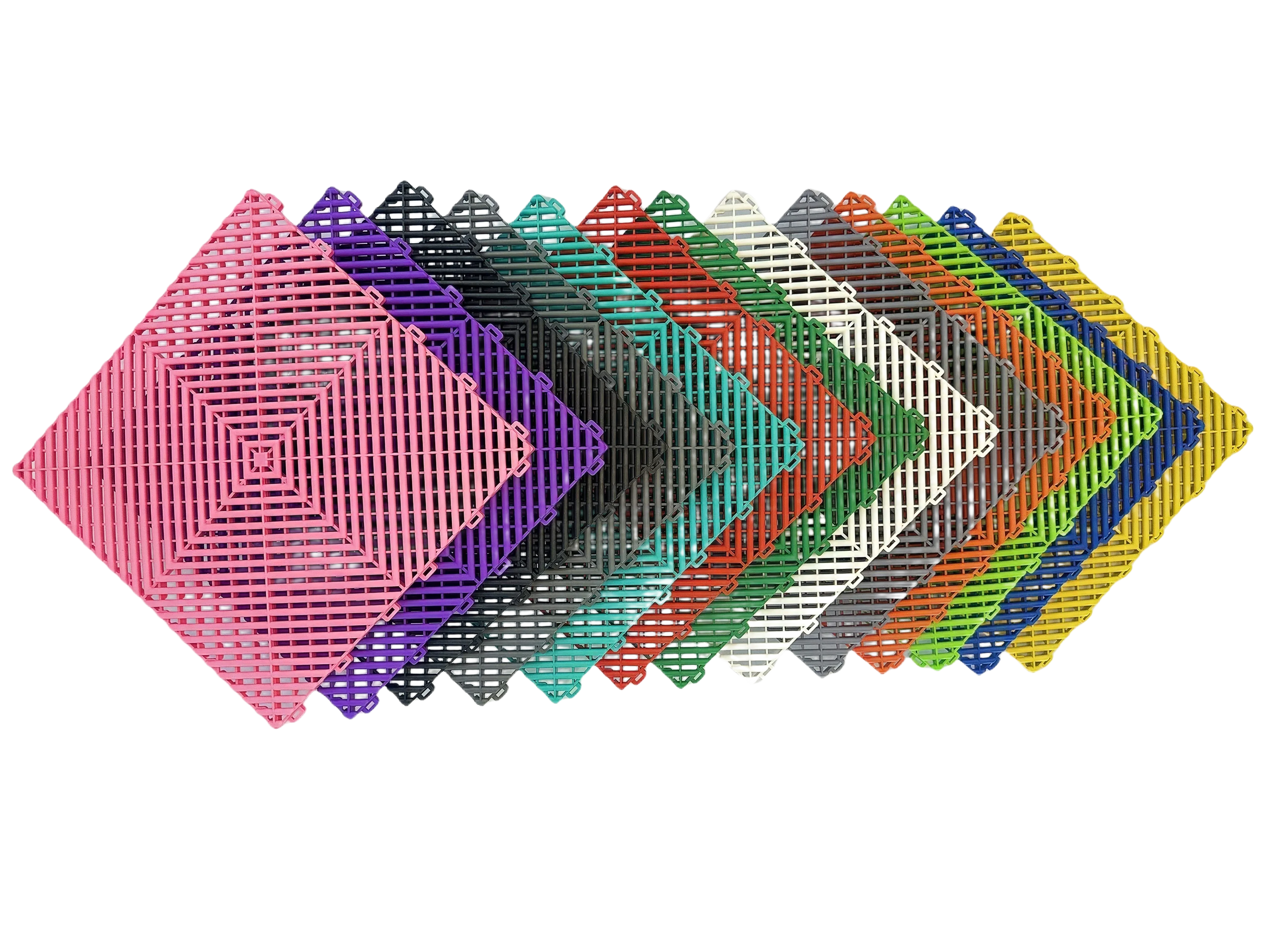 Colorful interlocking plastic floor grates for car washes, garages, pools, and playgrounds